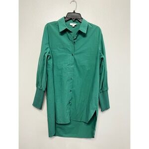 P.Cill Green Cotton Button Down Tunic Shirt Smocked Cuff High Low Hem Womens M